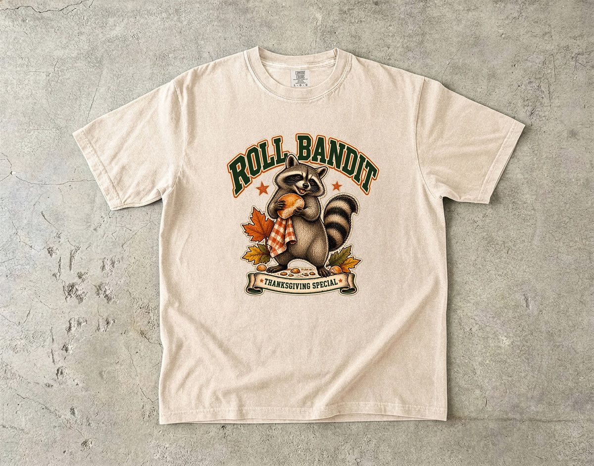 Roll Bandit Raccoon Thanksgiving Shirt, Funny Trash Panda Dinner Roll Tee, Retro Fall Raccoon Lover Gift, Comfort Colors Thanksgiving T-Shirt