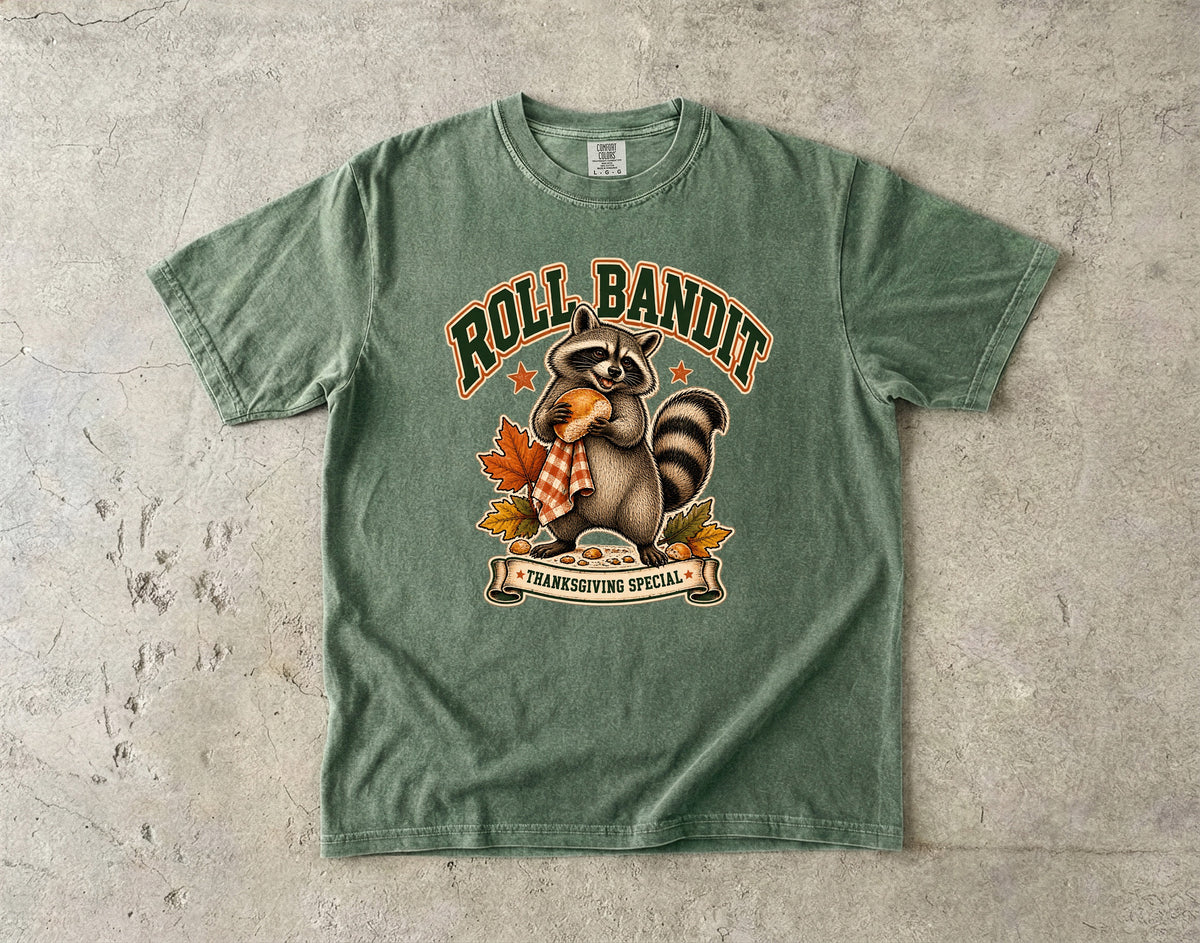Roll Bandit Raccoon Thanksgiving Shirt, Funny Trash Panda Dinner Roll Tee, Retro Fall Raccoon Lover Gift, Comfort Colors Thanksgiving T-Shirt