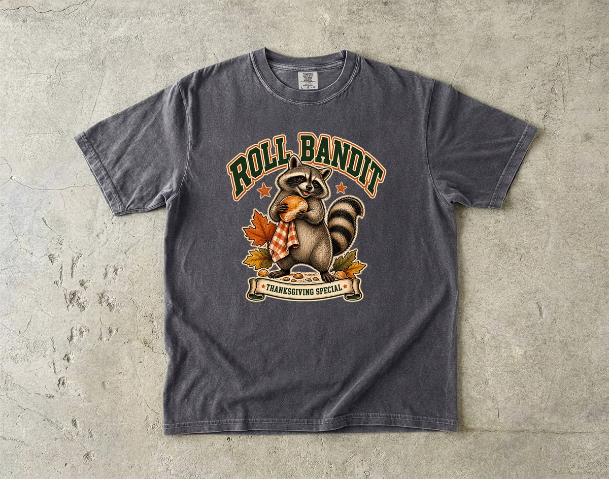 Roll Bandit Raccoon Thanksgiving Shirt, Funny Trash Panda Dinner Roll Tee, Retro Fall Raccoon Lover Gift, Comfort Colors Thanksgiving T-Shirt