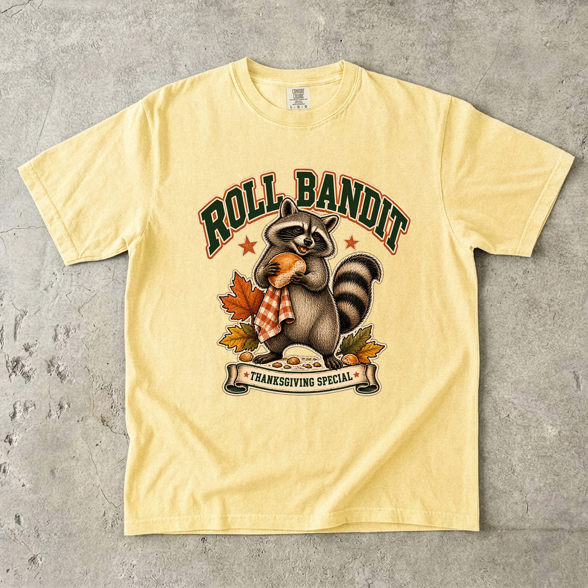 Roll Bandit Raccoon Thanksgiving Shirt, Funny Trash Panda Dinner Roll Tee, Retro Fall Raccoon Lover Gift, Comfort Colors Thanksgiving T-Shirt