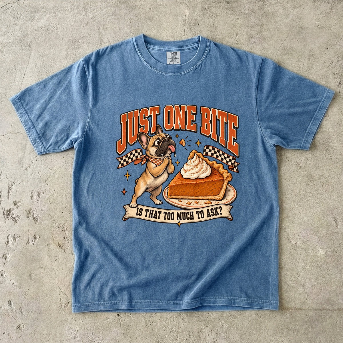 Just One Bite Shirt, Funny French Bulldog Pumpkin Pie Thanksgiving Tee, Frenchie Mom Gift, Retro Comfort Colors Fall Dog Lover T-Shirt