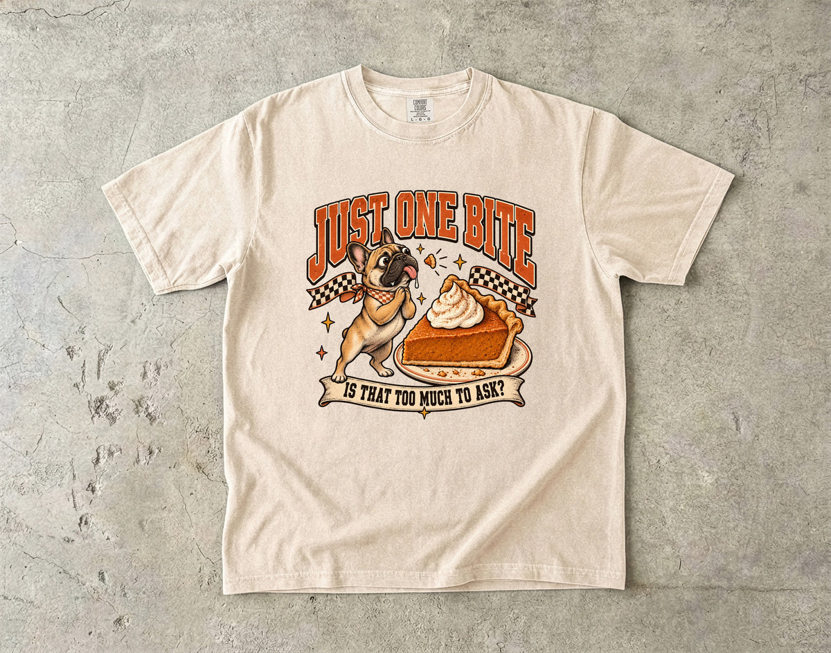Just One Bite Shirt, Funny French Bulldog Pumpkin Pie Thanksgiving Tee, Frenchie Mom Gift, Retro Comfort Colors Fall Dog Lover T-Shirt