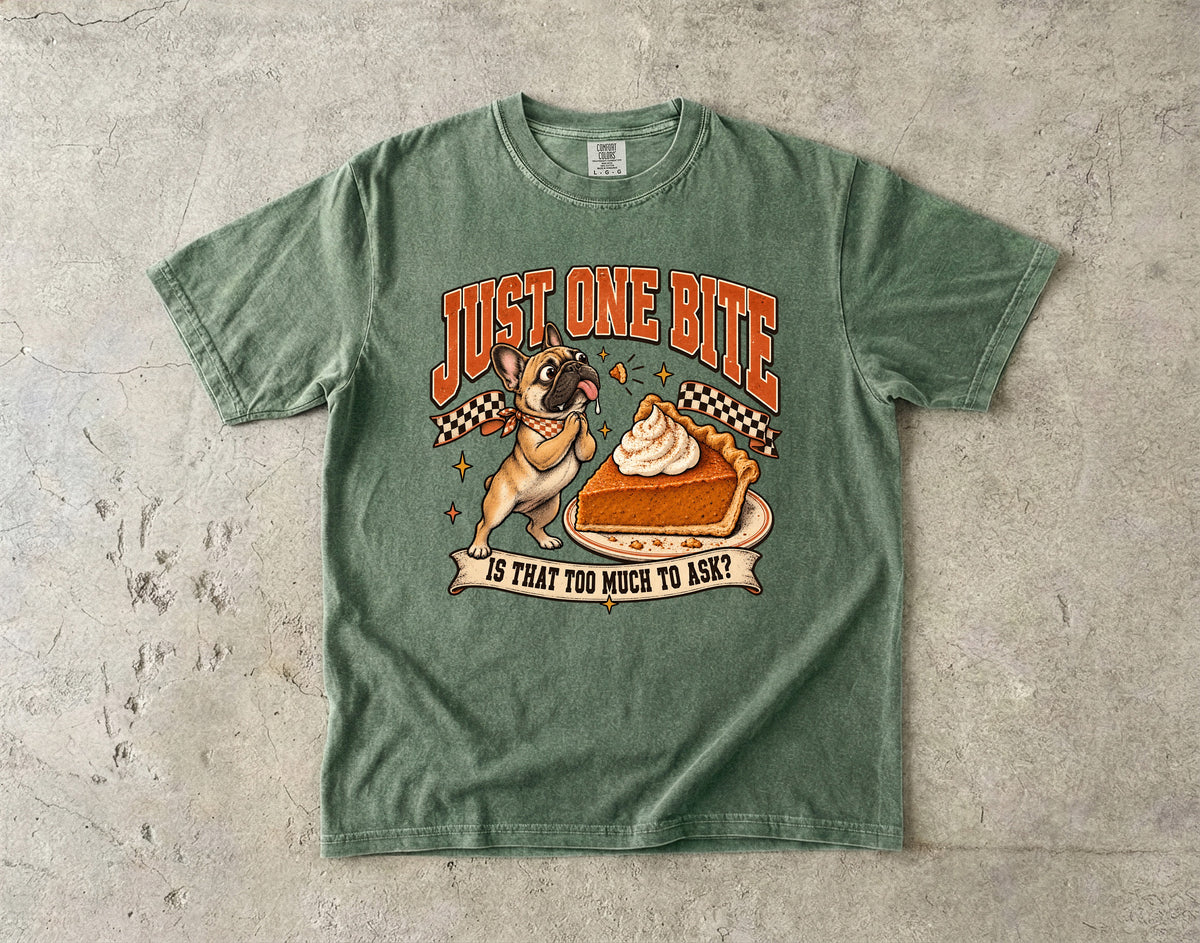 Just One Bite Shirt, Funny French Bulldog Pumpkin Pie Thanksgiving Tee, Frenchie Mom Gift, Retro Comfort Colors Fall Dog Lover T-Shirt