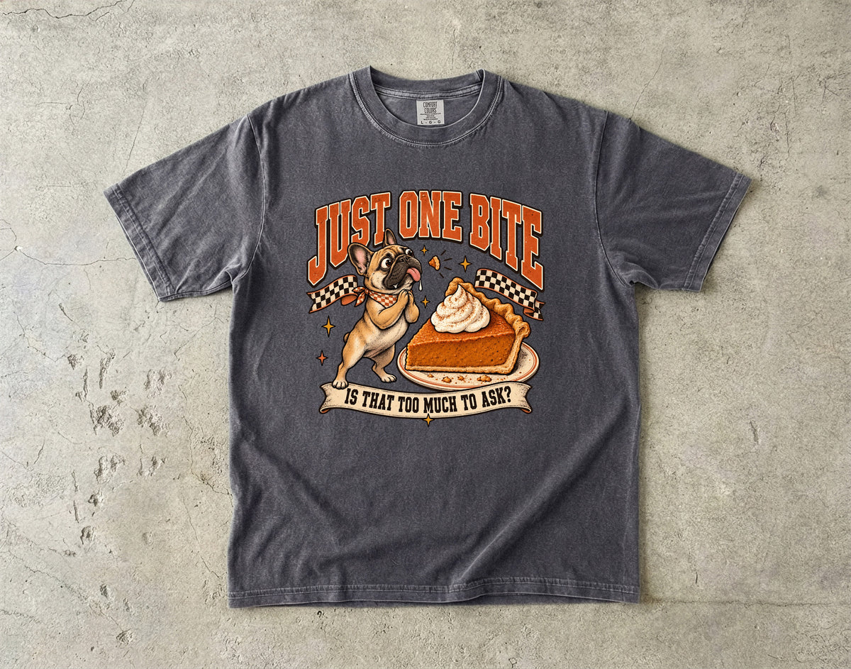 Just One Bite Shirt, Funny French Bulldog Pumpkin Pie Thanksgiving Tee, Frenchie Mom Gift, Retro Comfort Colors Fall Dog Lover T-Shirt
