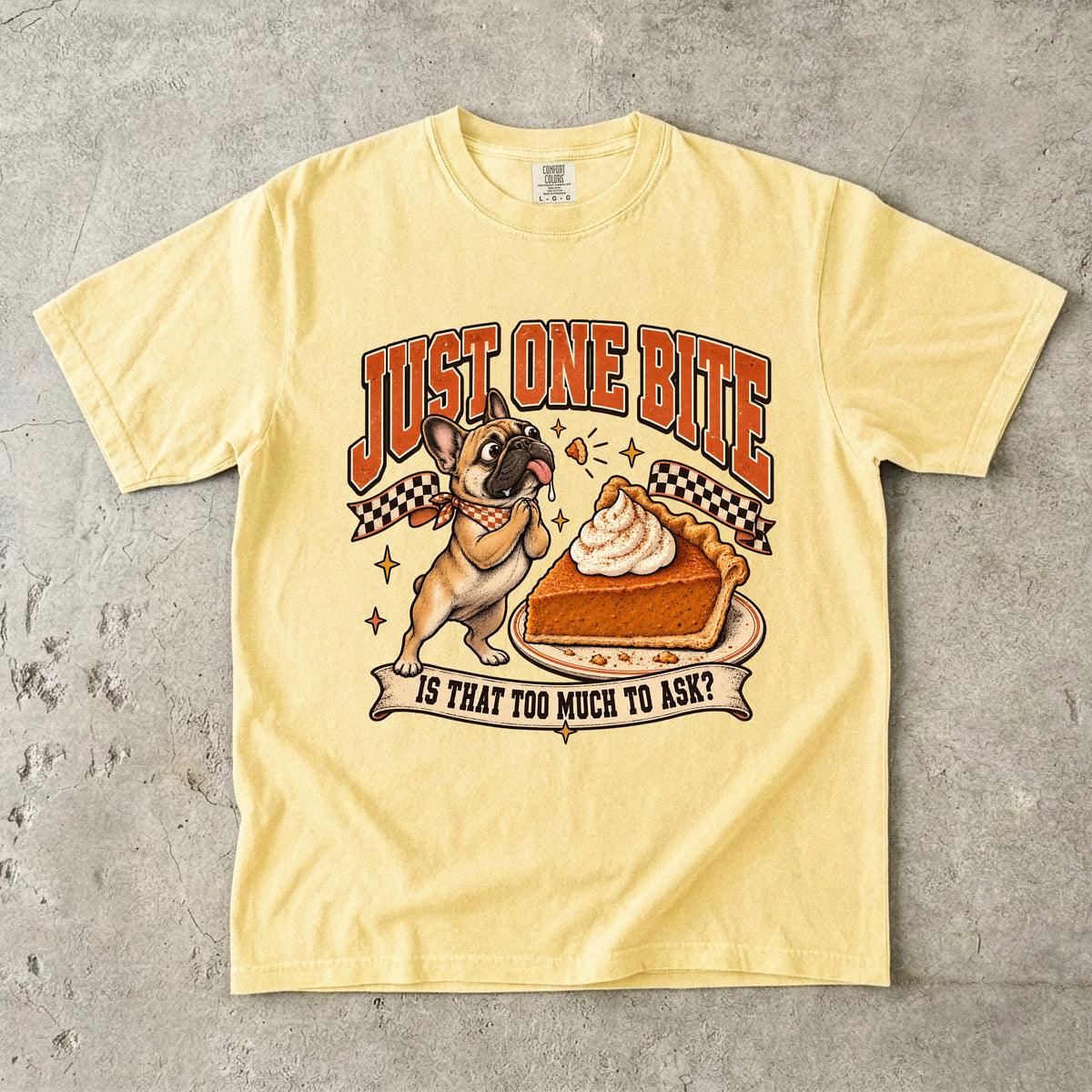 Just One Bite Shirt, Funny French Bulldog Pumpkin Pie Thanksgiving Tee, Frenchie Mom Gift, Retro Comfort Colors Fall Dog Lover T-Shirt