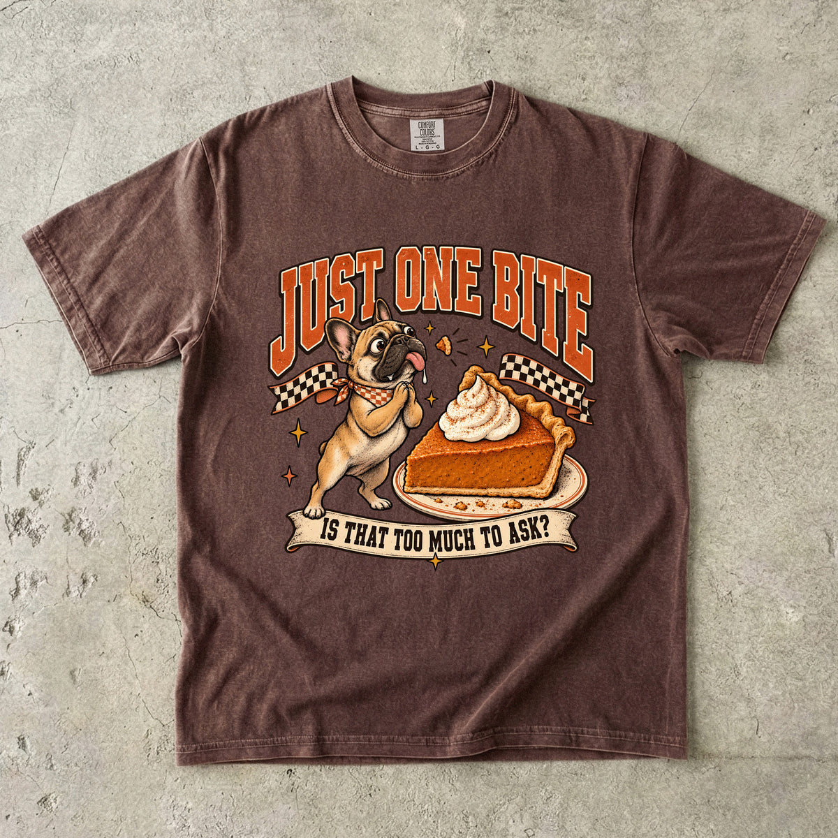 Just One Bite Shirt, Funny French Bulldog Pumpkin Pie Thanksgiving Tee, Frenchie Mom Gift, Retro Comfort Colors Fall Dog Lover T-Shirt