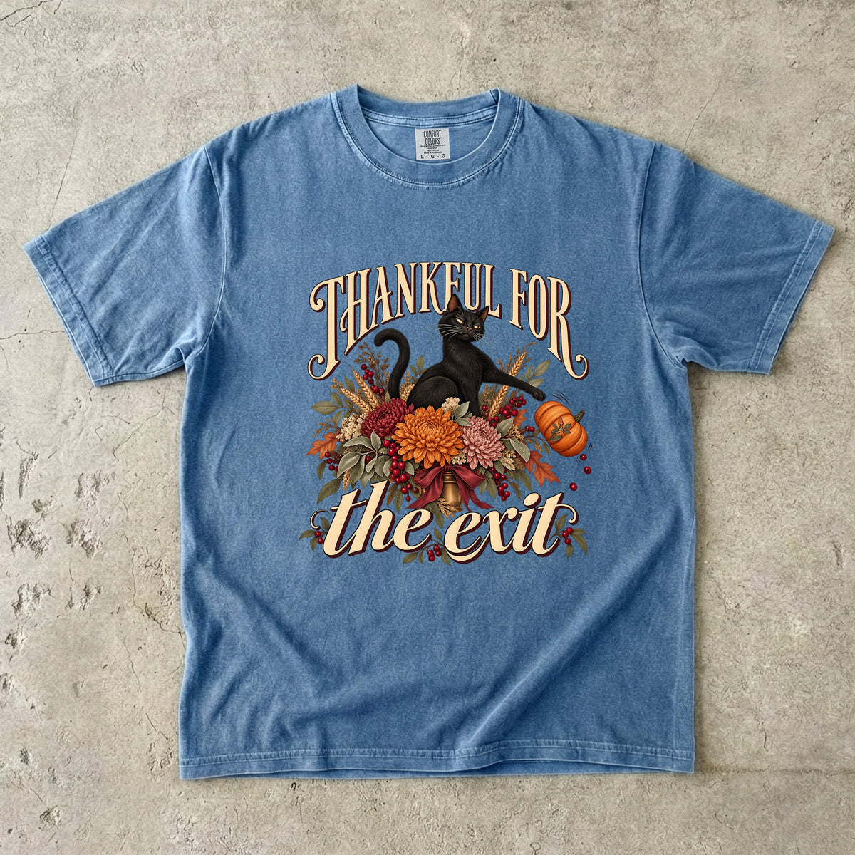 Thankful For The Exit Shirt, Funny Black Cat Thanksgiving Tee, Sarcastic Introvert Fall Floral Shirt, Comfort Colors Cat Mom Gift