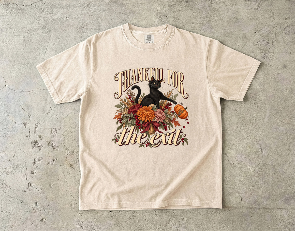 Thankful For The Exit Shirt, Funny Black Cat Thanksgiving Tee, Sarcastic Introvert Fall Floral Shirt, Comfort Colors Cat Mom Gift
