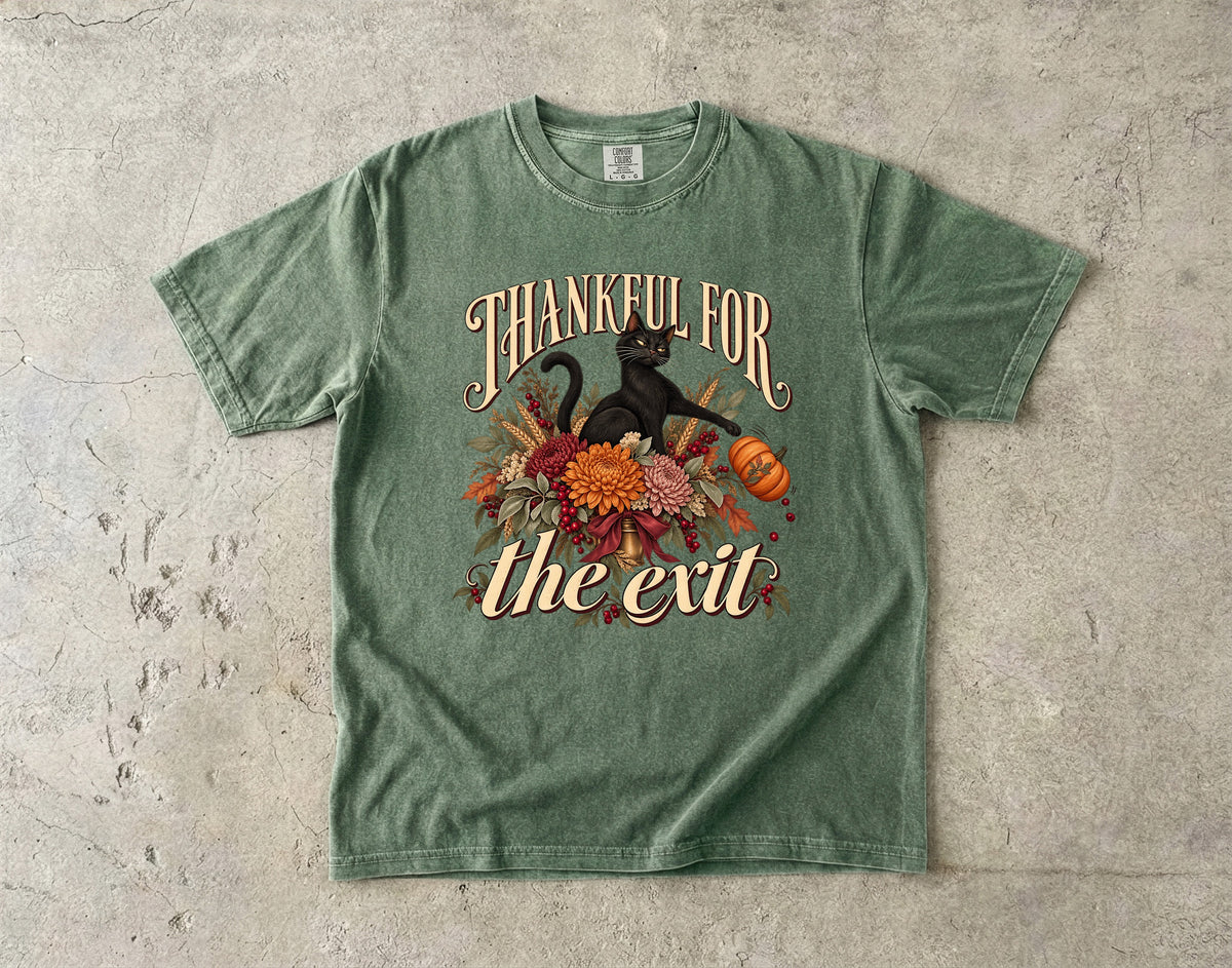 Thankful For The Exit Shirt, Funny Black Cat Thanksgiving Tee, Sarcastic Introvert Fall Floral Shirt, Comfort Colors Cat Mom Gift