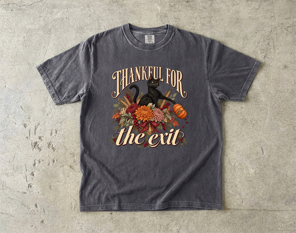 Thankful For The Exit Shirt, Funny Black Cat Thanksgiving Tee, Sarcastic Introvert Fall Floral Shirt, Comfort Colors Cat Mom Gift