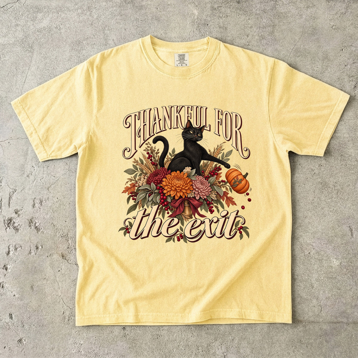 Thankful For The Exit Shirt, Funny Black Cat Thanksgiving Tee, Sarcastic Introvert Fall Floral Shirt, Comfort Colors Cat Mom Gift