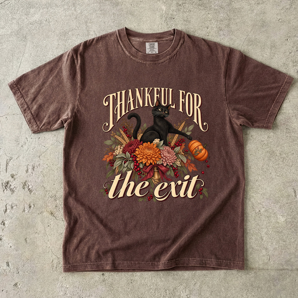 Thankful For The Exit Shirt, Funny Black Cat Thanksgiving Tee, Sarcastic Introvert Fall Floral Shirt, Comfort Colors Cat Mom Gift