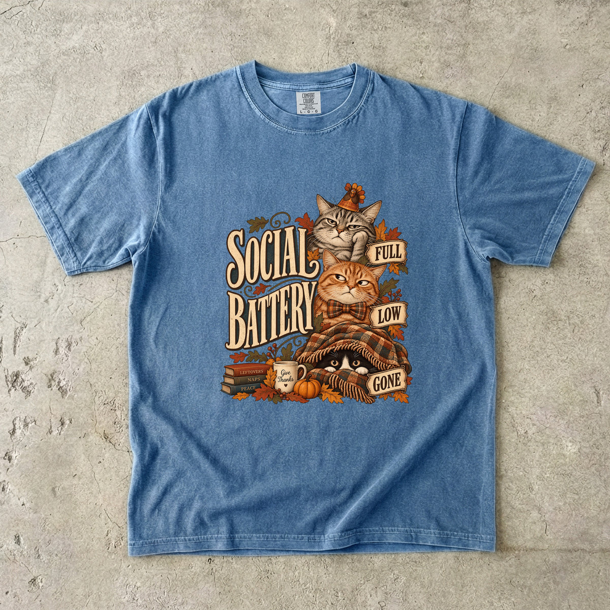 Social Battery Cat Shirt, Funny Introvert Thanksgiving Tee, Full Low Gone Cats Fall Shirt, Comfort Colors Cat Mom Gift