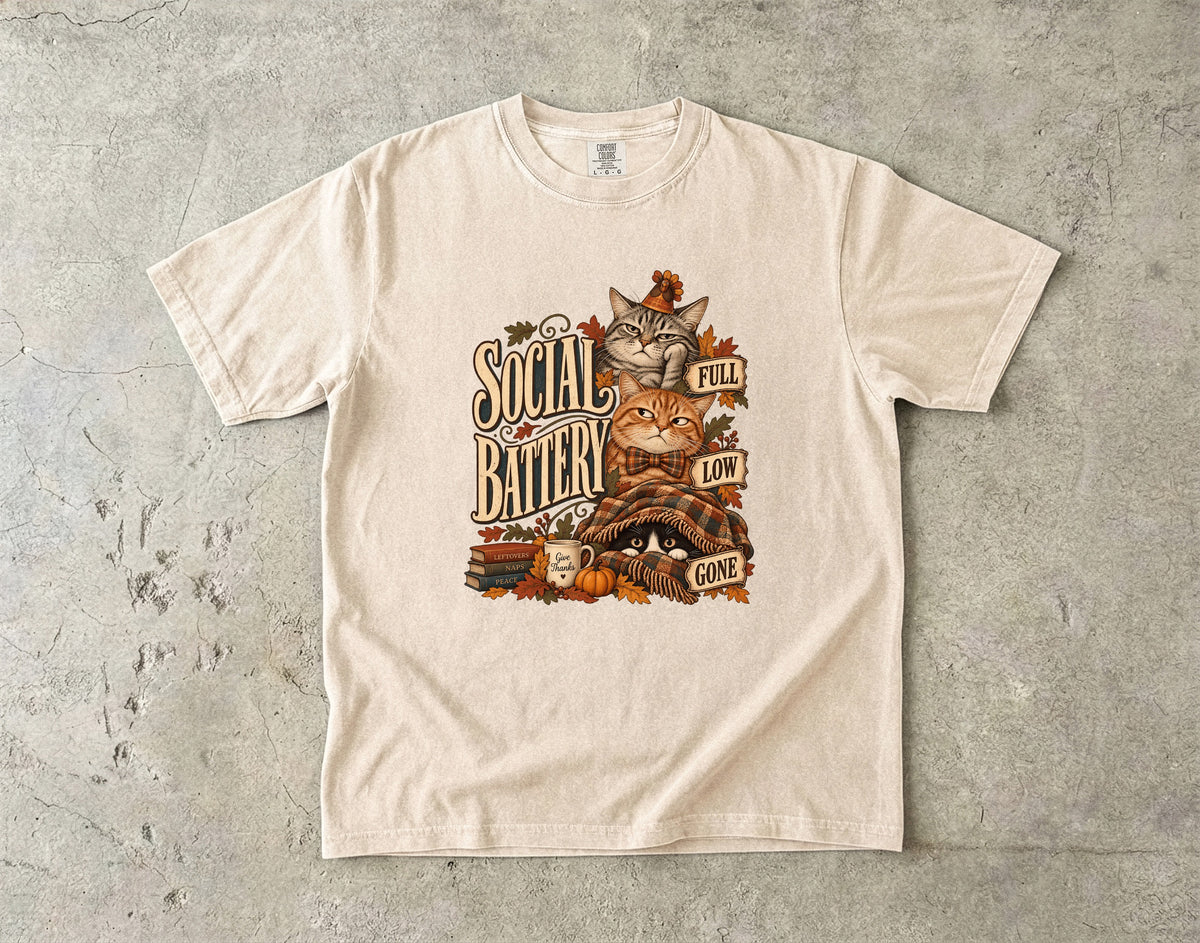 Social Battery Cat Shirt, Funny Introvert Thanksgiving Tee, Full Low Gone Cats Fall Shirt, Comfort Colors Cat Mom Gift