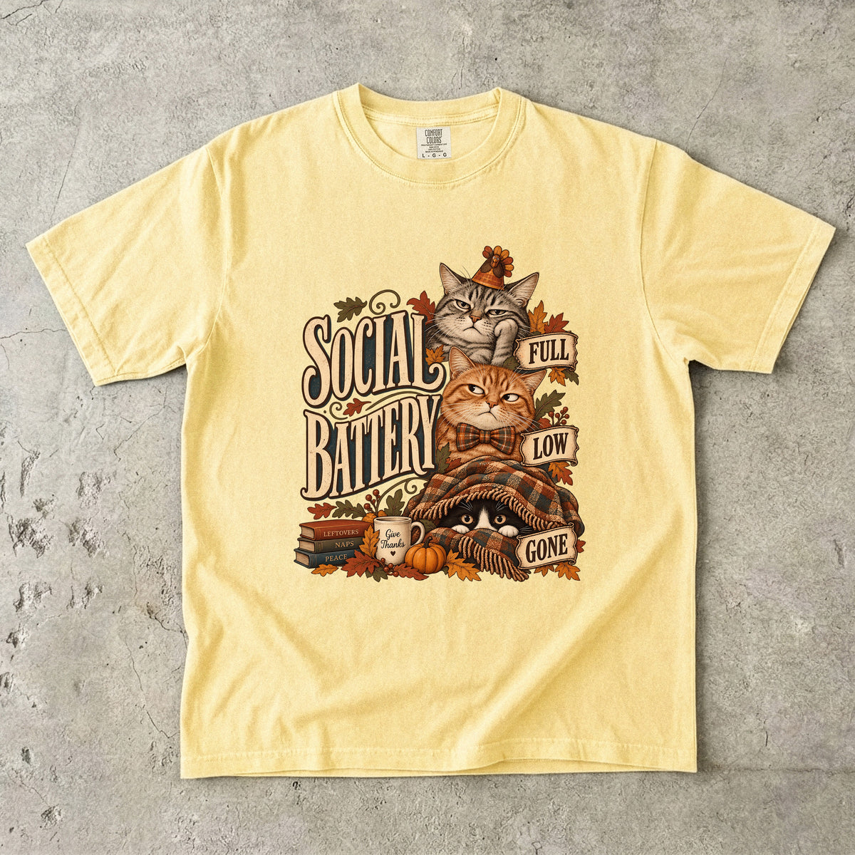 Social Battery Cat Shirt, Funny Introvert Thanksgiving Tee, Full Low Gone Cats Fall Shirt, Comfort Colors Cat Mom Gift