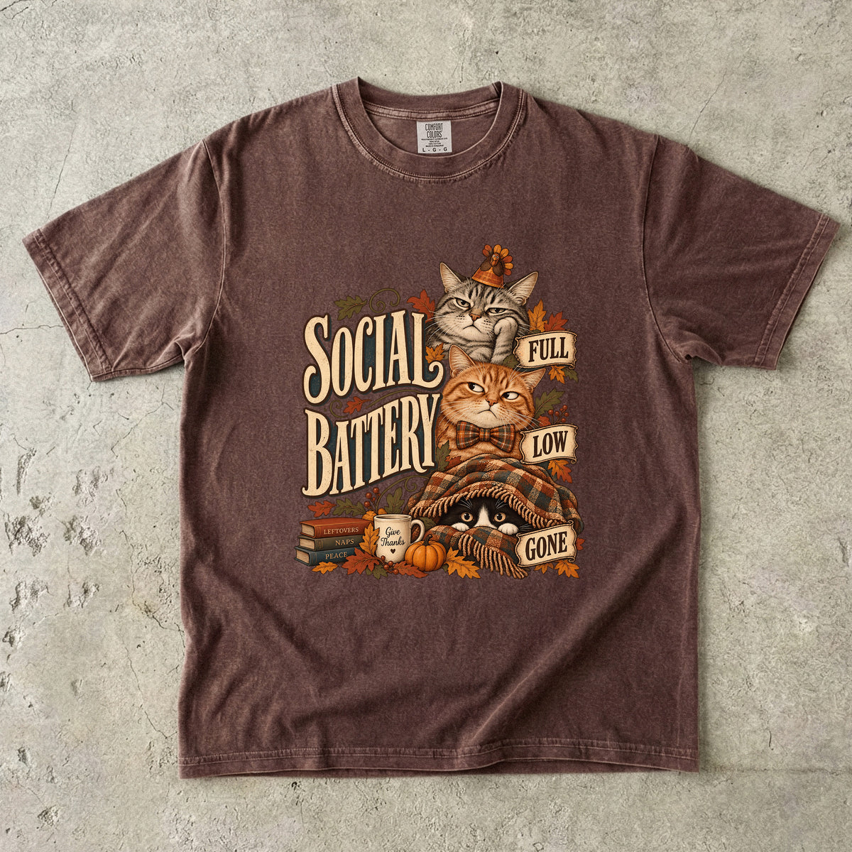 Social Battery Cat Shirt, Funny Introvert Thanksgiving Tee, Full Low Gone Cats Fall Shirt, Comfort Colors Cat Mom Gift