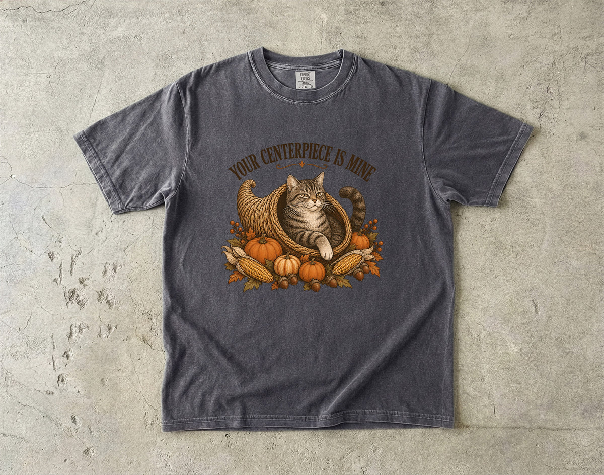 Your Centerpiece Is Mine Shirt, Funny Cat Thanksgiving Tee, Tabby Cat Cornucopia Fall Shirt, Comfort Colors Cat Mom Gift