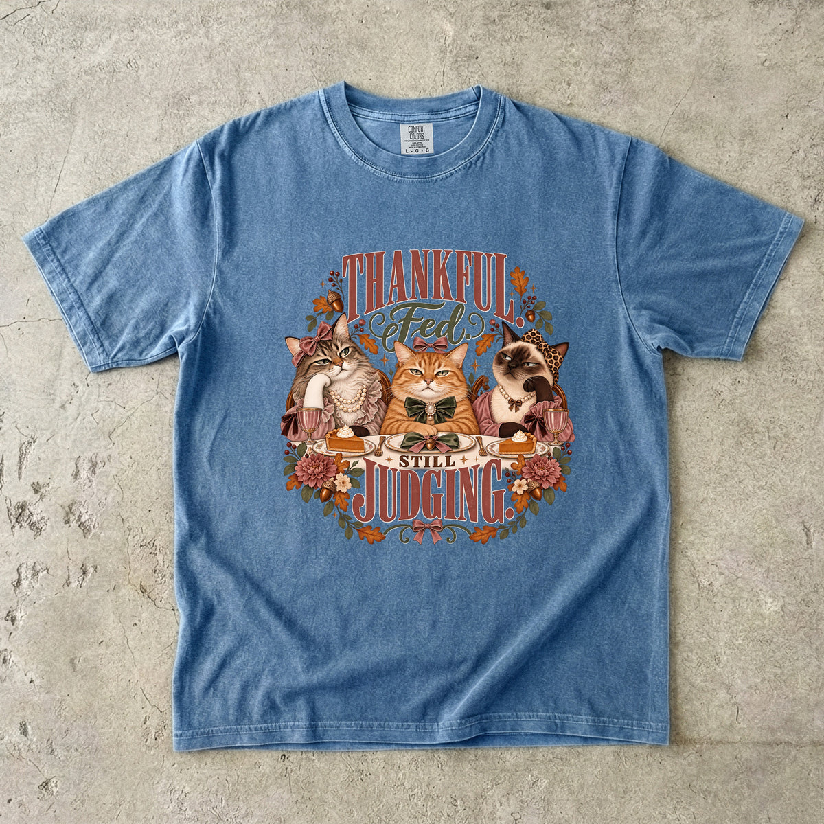 Thankful Not Judging Funny Cat Thanksgiving T-Shirt | Sarcastic Fall Cat Lover Tee | Comfort Colors 1717 Garment-Dyed Unisex Shirt | Friendsgiving Cat Mom Gift