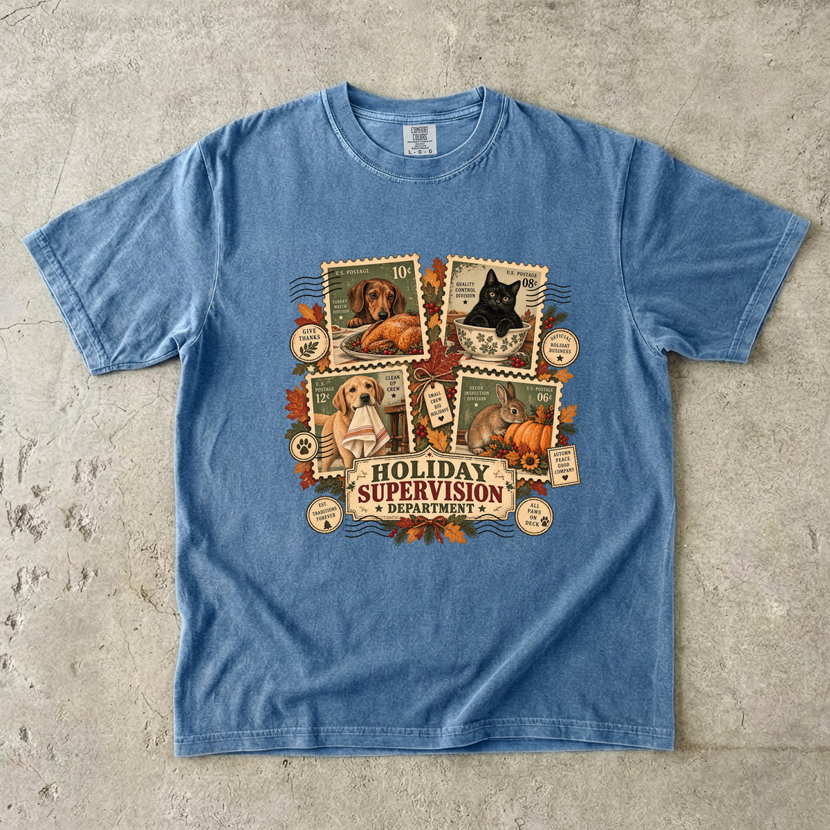 Holiday Supervision Department Funny Christmas T-Shirt | Vintage Dog and Cat Christmas Tee | Comfort Colors 1717 Garment-Dyed Unisex Shirt | Pet Lover Holiday Gift