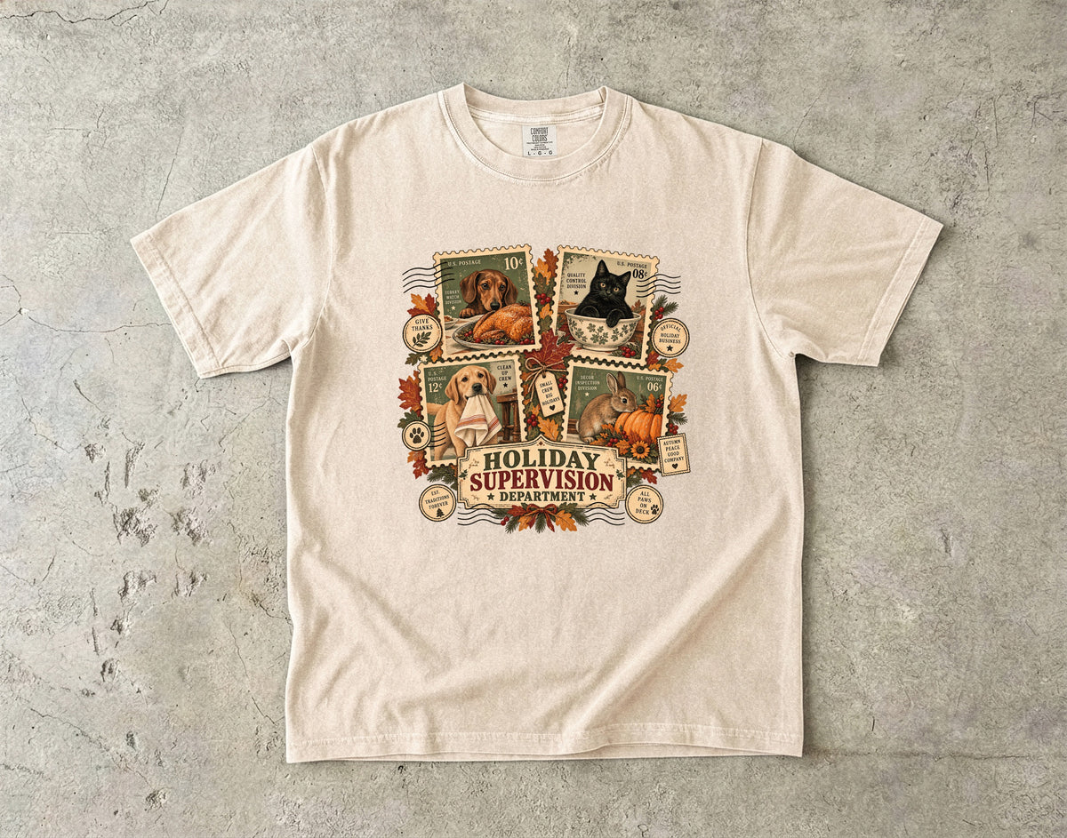 Holiday Supervision Department Funny Christmas T-Shirt | Vintage Dog and Cat Christmas Tee | Comfort Colors 1717 Garment-Dyed Unisex Shirt | Pet Lover Holiday Gift