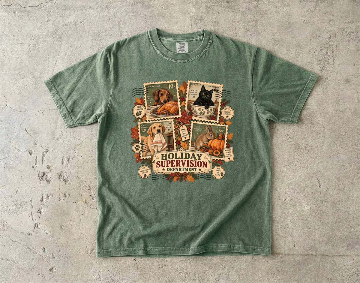 Holiday Supervision Department Funny Christmas T-Shirt | Vintage Dog and Cat Christmas Tee | Comfort Colors 1717 Garment-Dyed Unisex Shirt | Pet Lover Holiday Gift