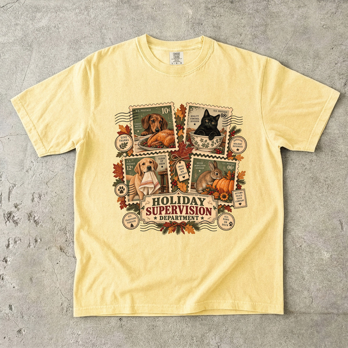 Holiday Supervision Department Funny Christmas T-Shirt | Vintage Dog and Cat Christmas Tee | Comfort Colors 1717 Garment-Dyed Unisex Shirt | Pet Lover Holiday Gift