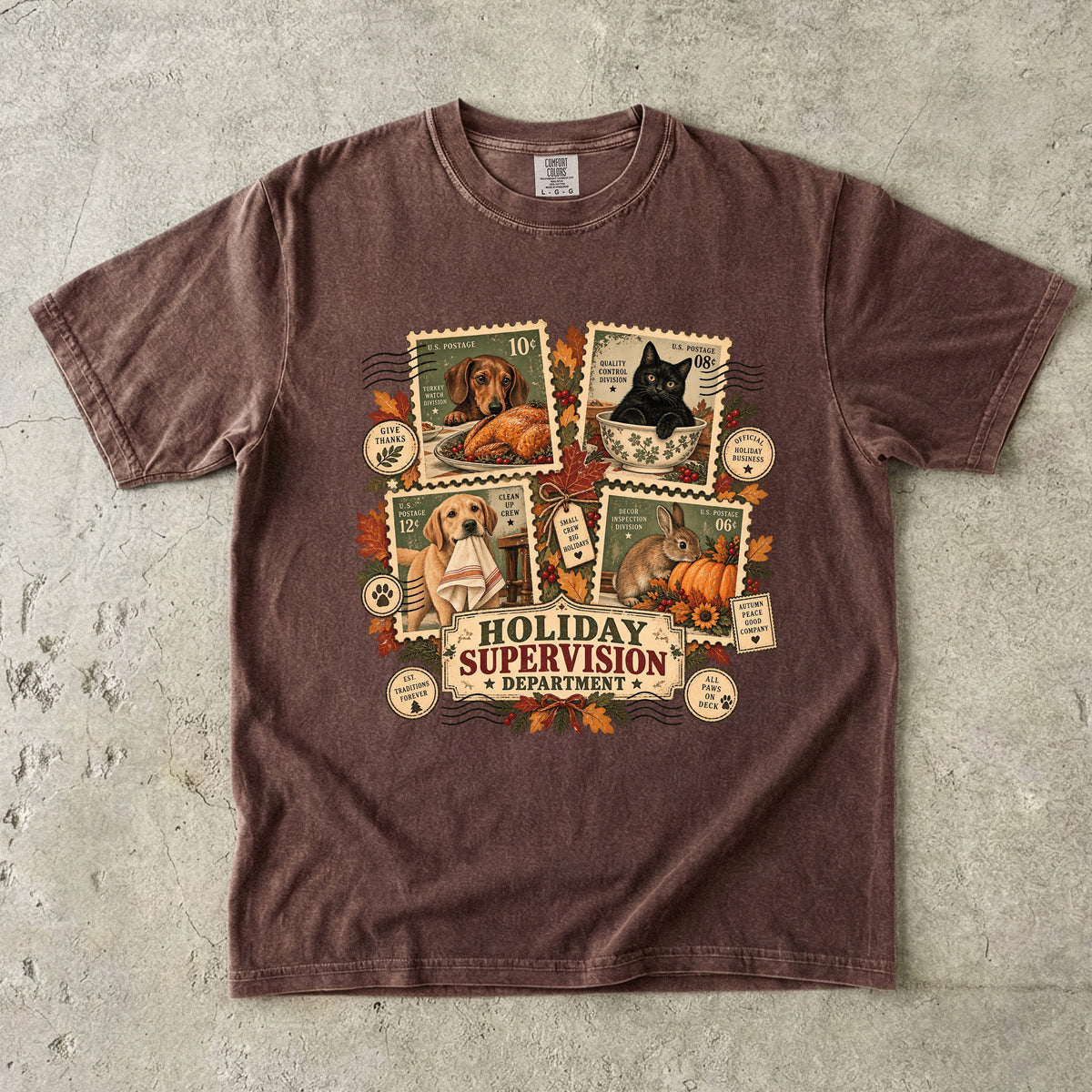Holiday Supervision Department Funny Christmas T-Shirt | Vintage Dog and Cat Christmas Tee | Comfort Colors 1717 Garment-Dyed Unisex Shirt | Pet Lover Holiday Gift