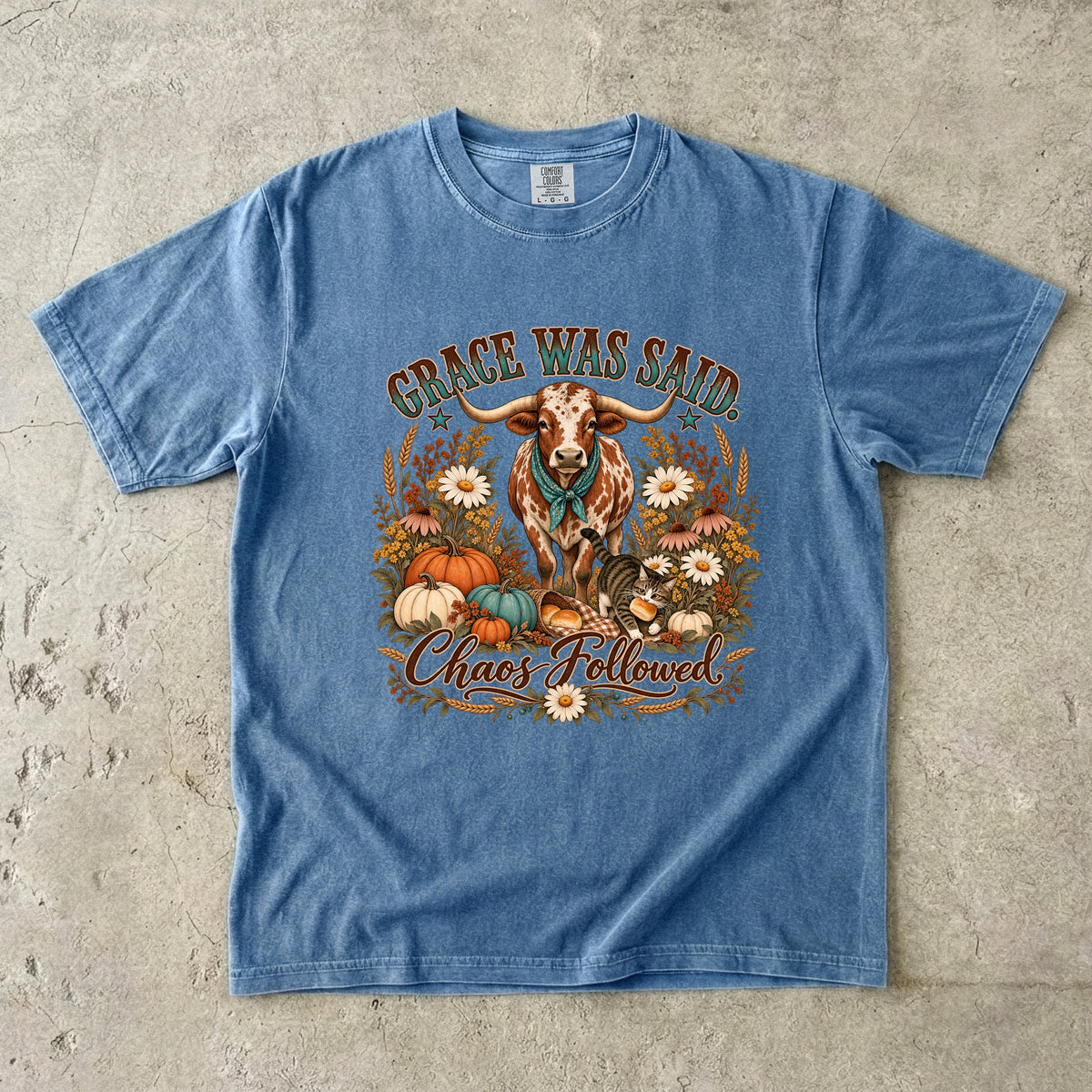 Grace Was Said Chaos Followed Funny Thanksgiving T-Shirt | Western Longhorn Fall Pumpkin Tee | Comfort Colors 1717 Garment-Dyed Unisex Shirt | Christian Faith Family Gift