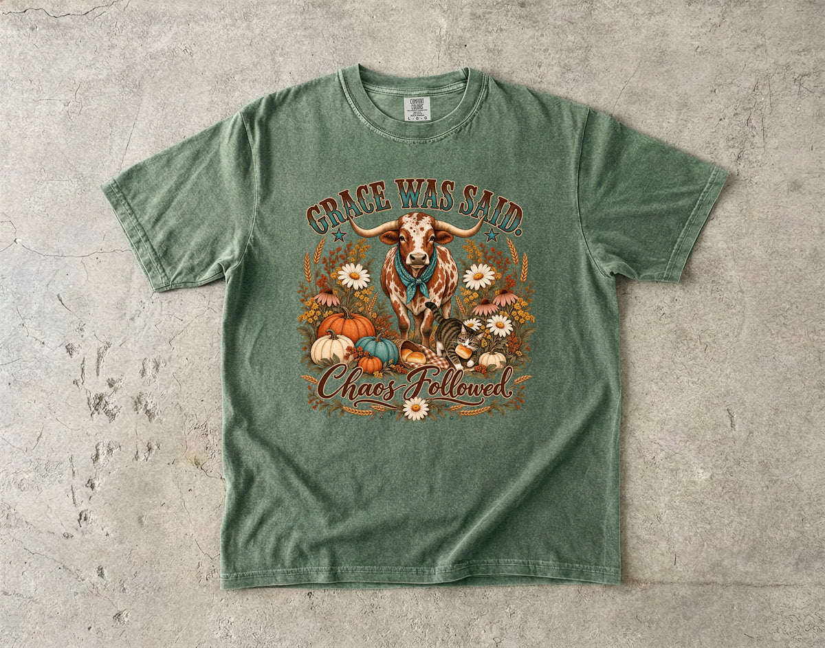 Grace Was Said Chaos Followed Funny Thanksgiving T-Shirt | Western Longhorn Fall Pumpkin Tee | Comfort Colors 1717 Garment-Dyed Unisex Shirt | Christian Faith Family Gift