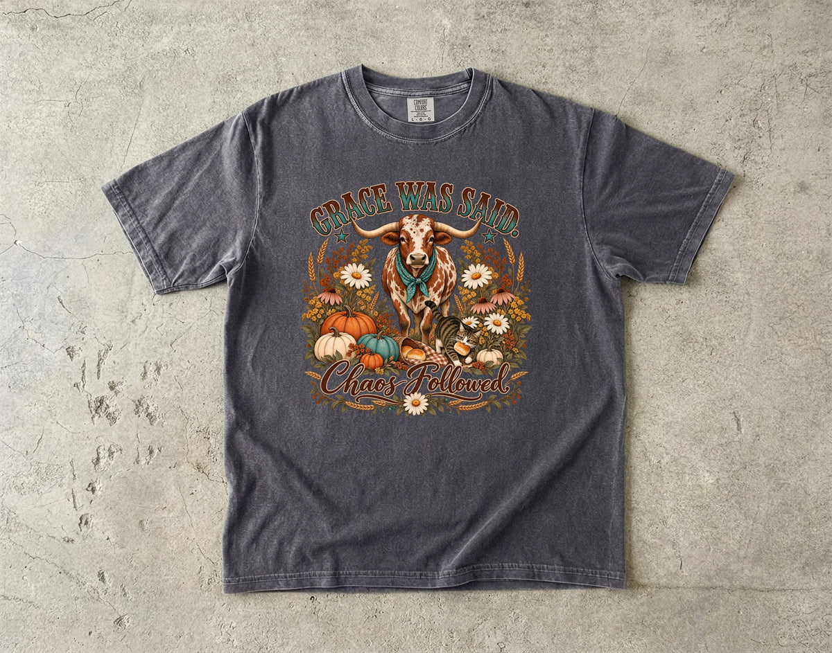 Grace Was Said Chaos Followed Funny Thanksgiving T-Shirt | Western Longhorn Fall Pumpkin Tee | Comfort Colors 1717 Garment-Dyed Unisex Shirt | Christian Faith Family Gift