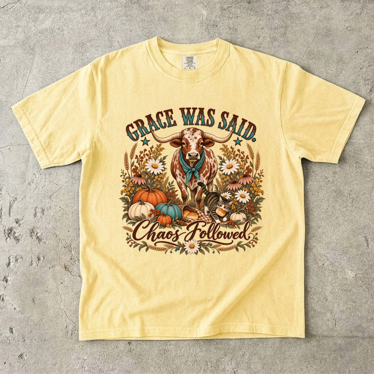 Grace Was Said Chaos Followed Funny Thanksgiving T-Shirt | Western Longhorn Fall Pumpkin Tee | Comfort Colors 1717 Garment-Dyed Unisex Shirt | Christian Faith Family Gift