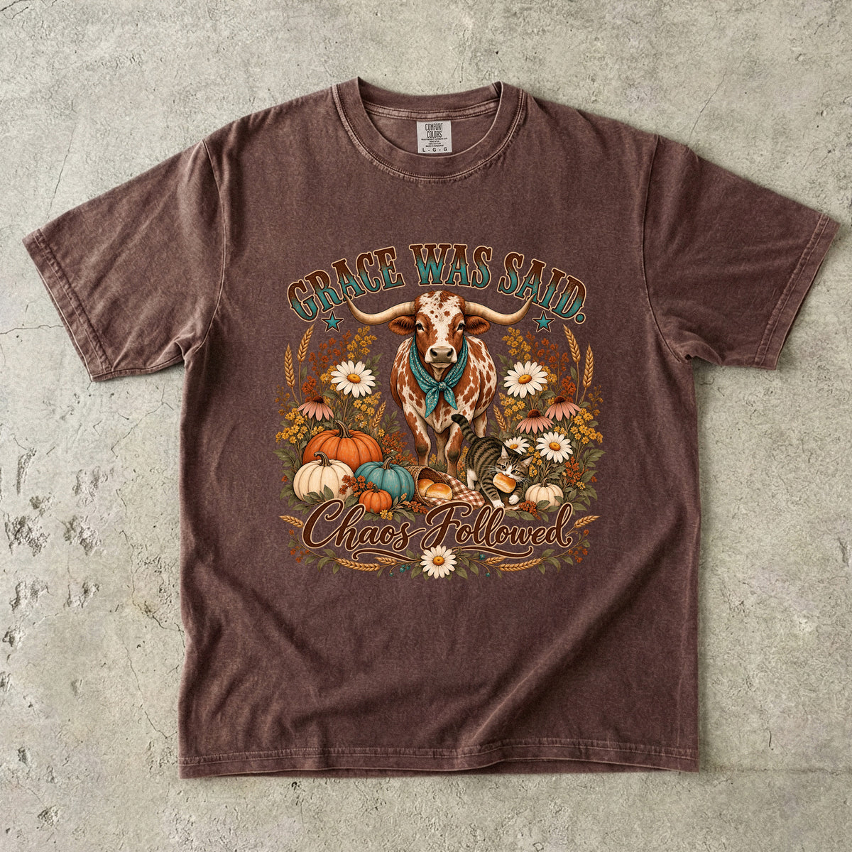 Grace Was Said Chaos Followed Funny Thanksgiving T-Shirt | Western Longhorn Fall Pumpkin Tee | Comfort Colors 1717 Garment-Dyed Unisex Shirt | Christian Faith Family Gift