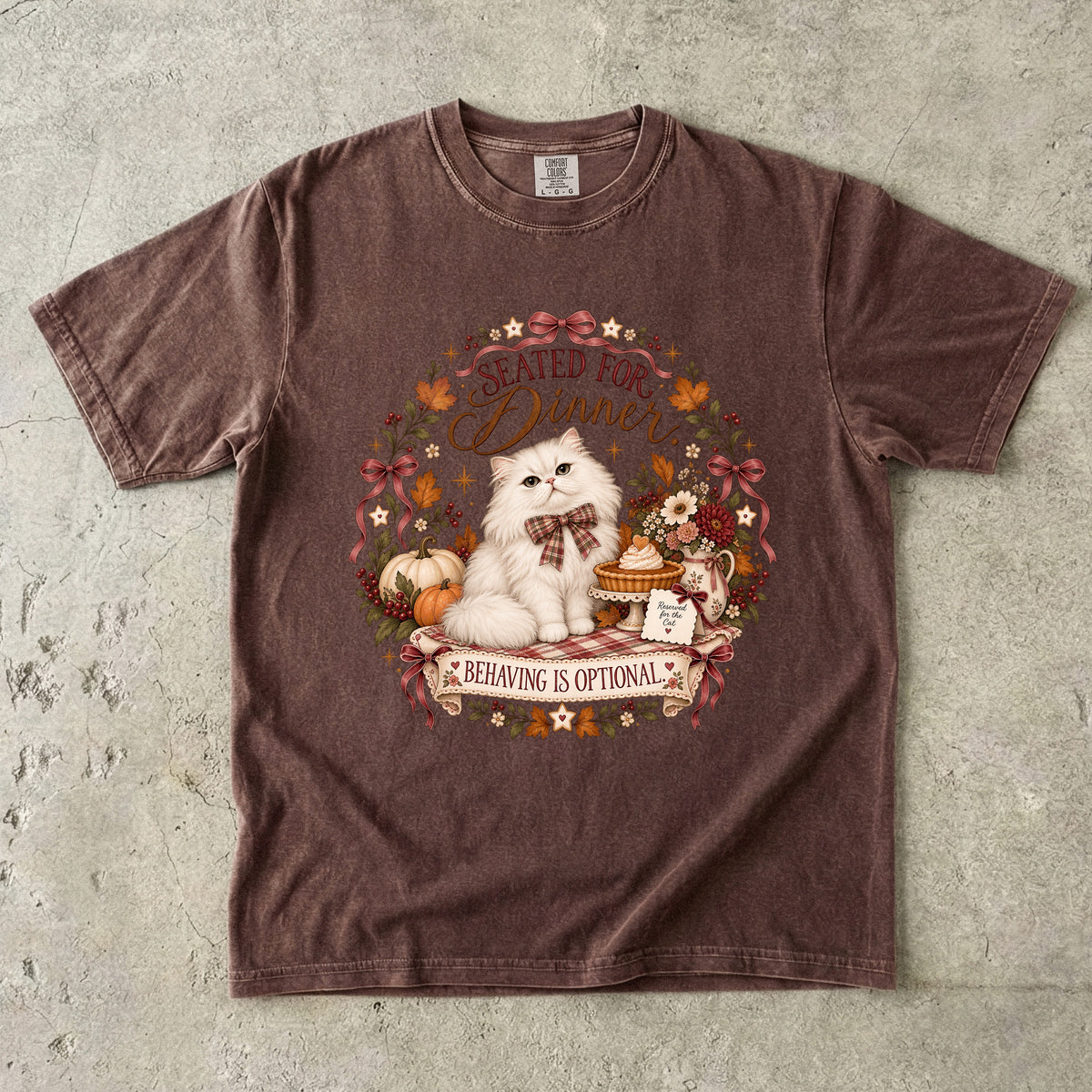 Seated for Dinner Behaving Is Optional Funny Cat Thanksgiving T-Shirt | Fluffy White Persian Cat Fall Tee | Comfort Colors 1717 Garment-Dyed Unisex Shirt | Cat Mom Gift