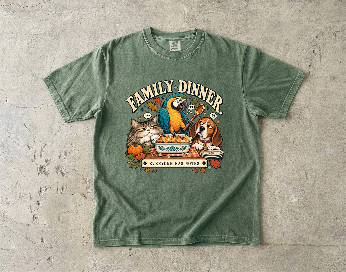 Family Dinner Everyone Has Notes Funny Thanksgiving T-Shirt | Cat Parrot and Beagle Pet Lover Tee | Comfort Colors 1717 Garment-Dyed Unisex Shirt | Fall Family Gift