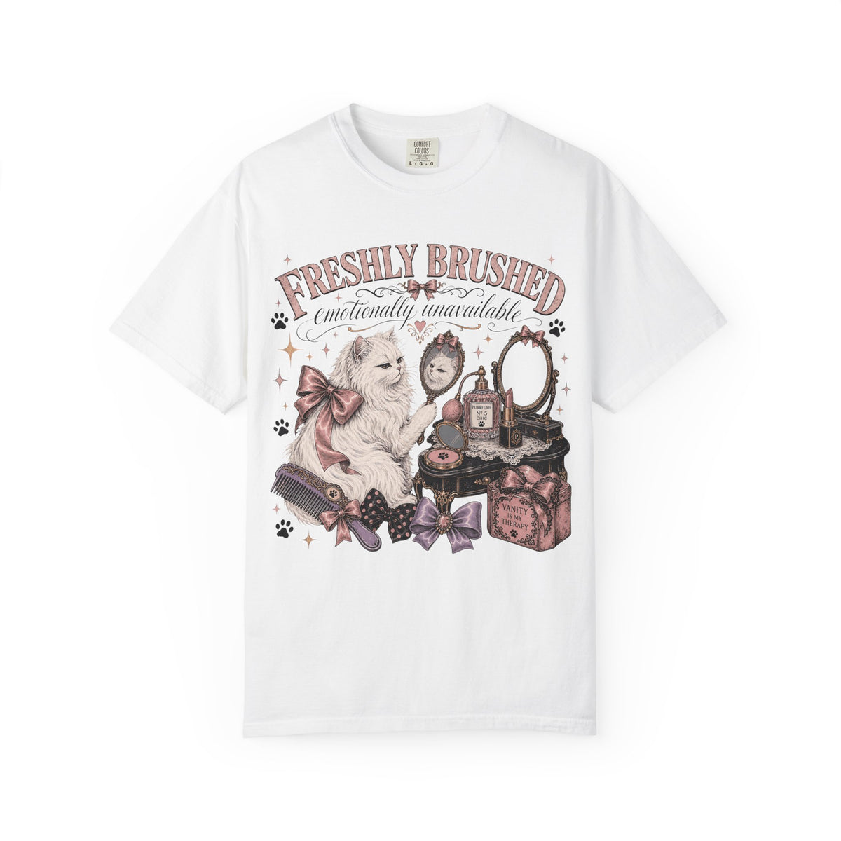 Freshly Brushed Emotionally Unavailable T-Shirt | Funny White Cat Shirt | Vanity Aesthetic Cat Lover Gift | Comfort Colors Unisex Tee