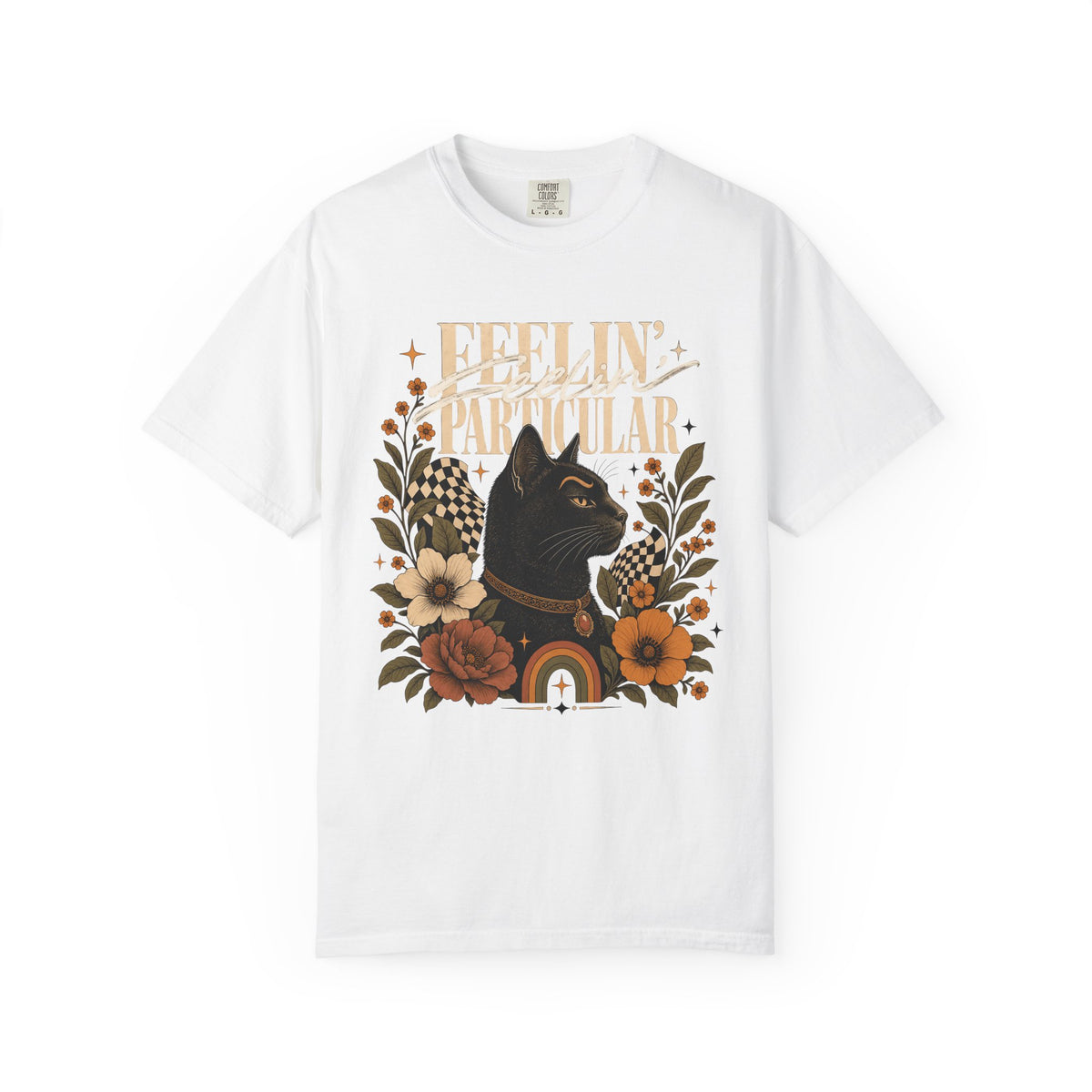 Feelin' Particular Black Cat Shirt, Retro 70s Floral Cat Tee, Boho Cat Mom Gift, Vintage Cat Lover T-Shirt, Comfort Colors