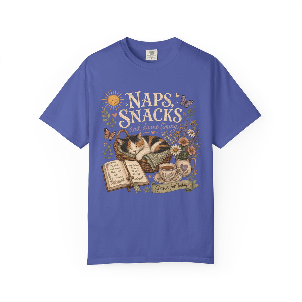 Naps, Snacks & Divine Timing T-Shirt — Cozy Cat Reading Graphic Tee