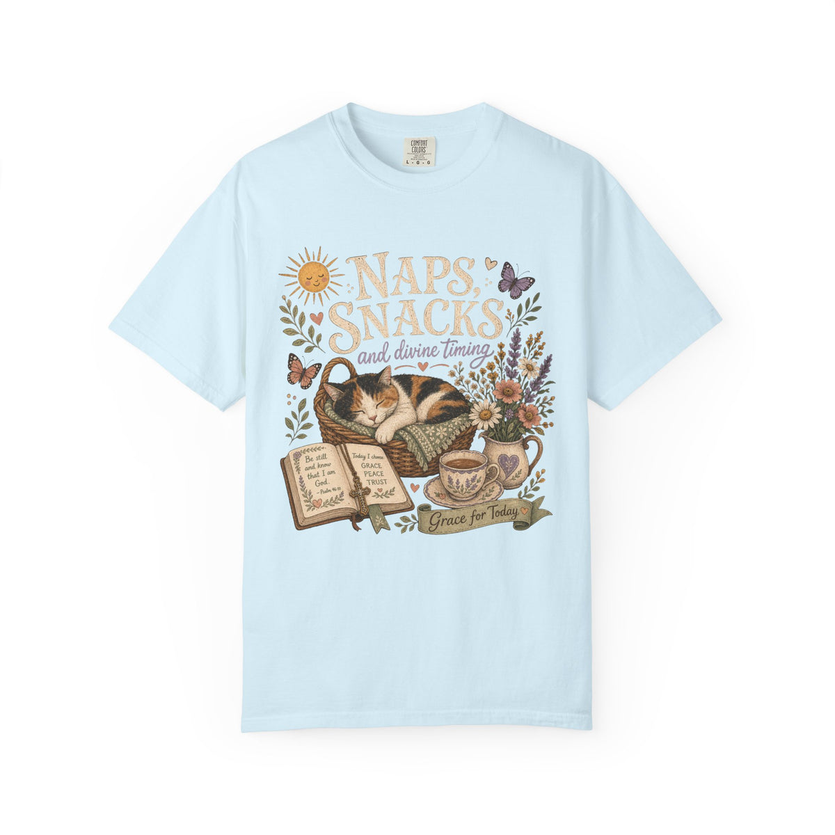 Naps, Snacks & Divine Timing T-Shirt — Cozy Cat Reading Graphic Tee