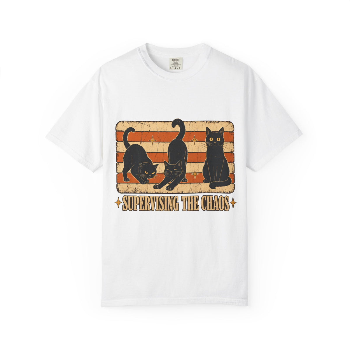 Supervising The Chaos Funny Black Cat Halloween Shirt | Vintage Retro Three Black Cats Tee | Funny Cat Mom Halloween Shirt