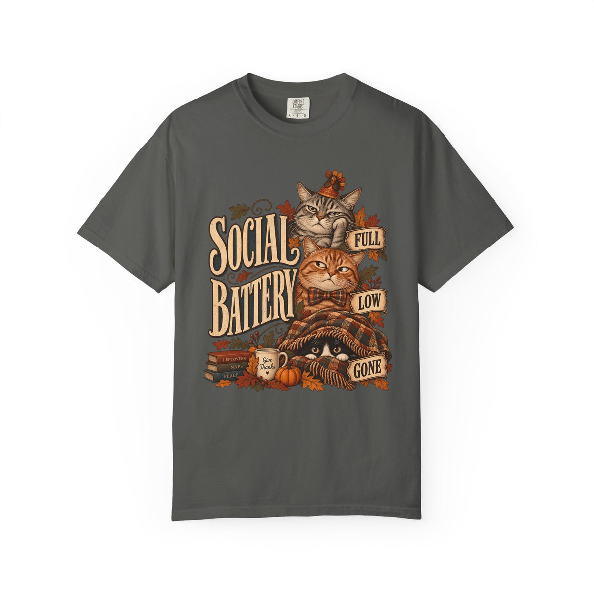 Social Battery Cat Shirt, Funny Introvert Thanksgiving Tee, Full Low Gone Cats Fall Shirt, Comfort Colors Cat Mom Gift