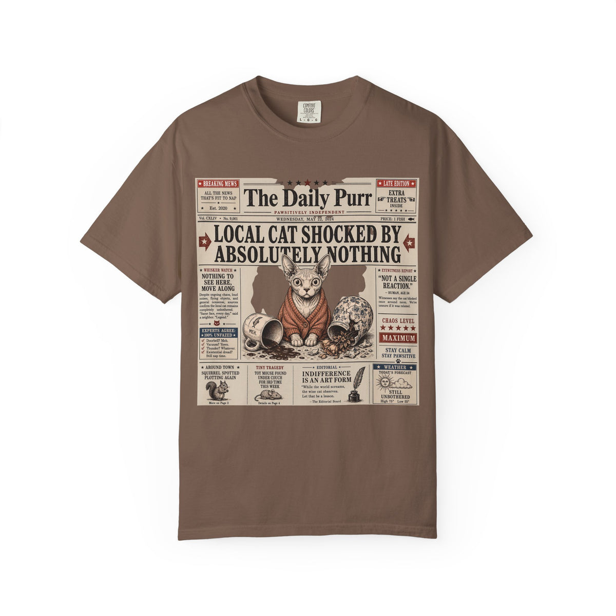 The Daily Purr Local Cat Shocked by Absolutely Nothing T-Shirt | Funny Sphynx Cat Newspaper Shirt | Comfort Colors Unisex Tee