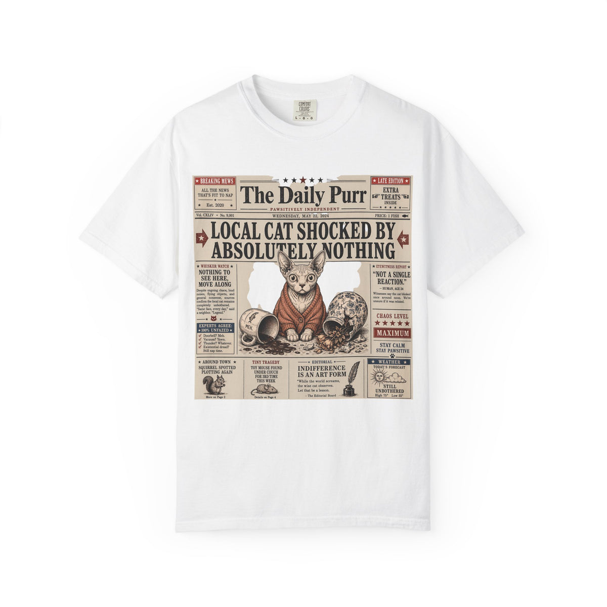 The Daily Purr Local Cat Shocked by Absolutely Nothing T-Shirt | Funny Sphynx Cat Newspaper Shirt | Comfort Colors Unisex Tee