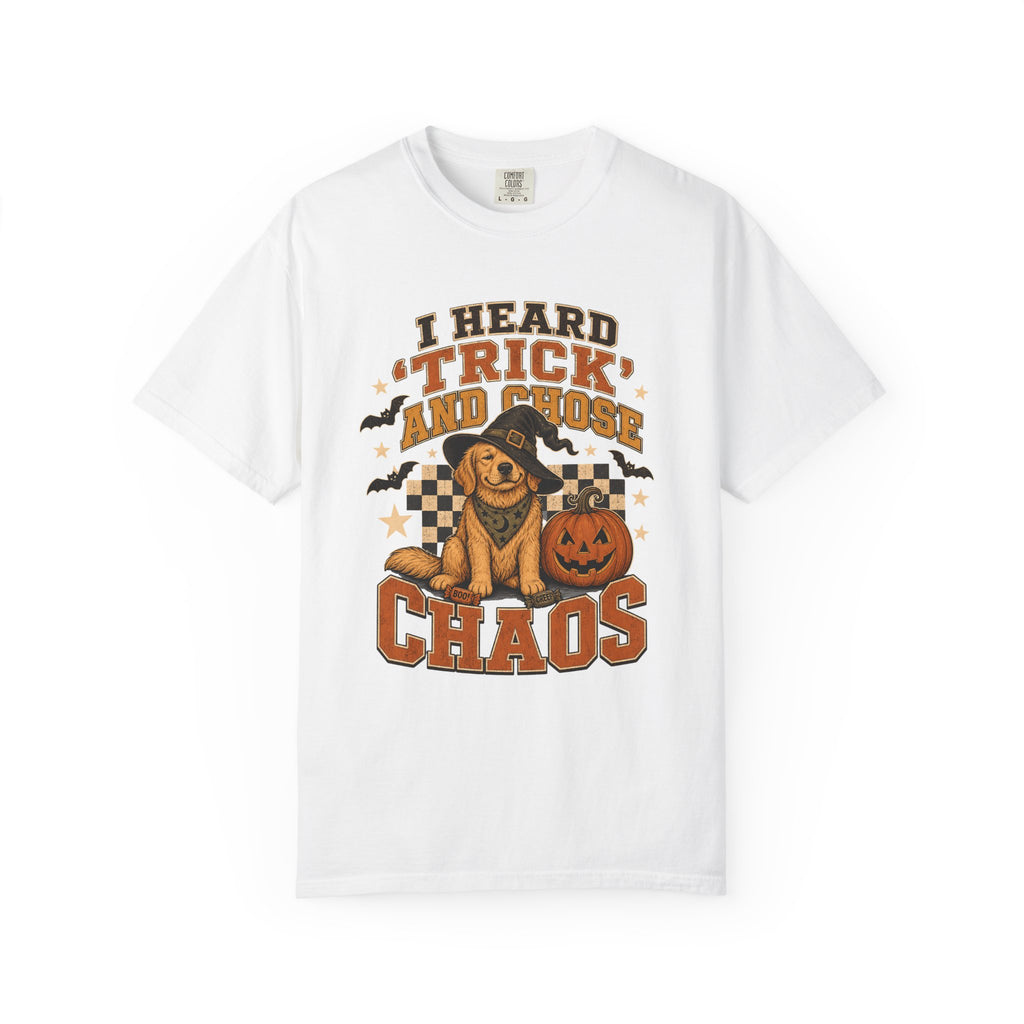 I Heard Trick and Chose Chaos Golden Retriever Halloween Shirt – Retro Witch Dog Comfort Colors Tee
