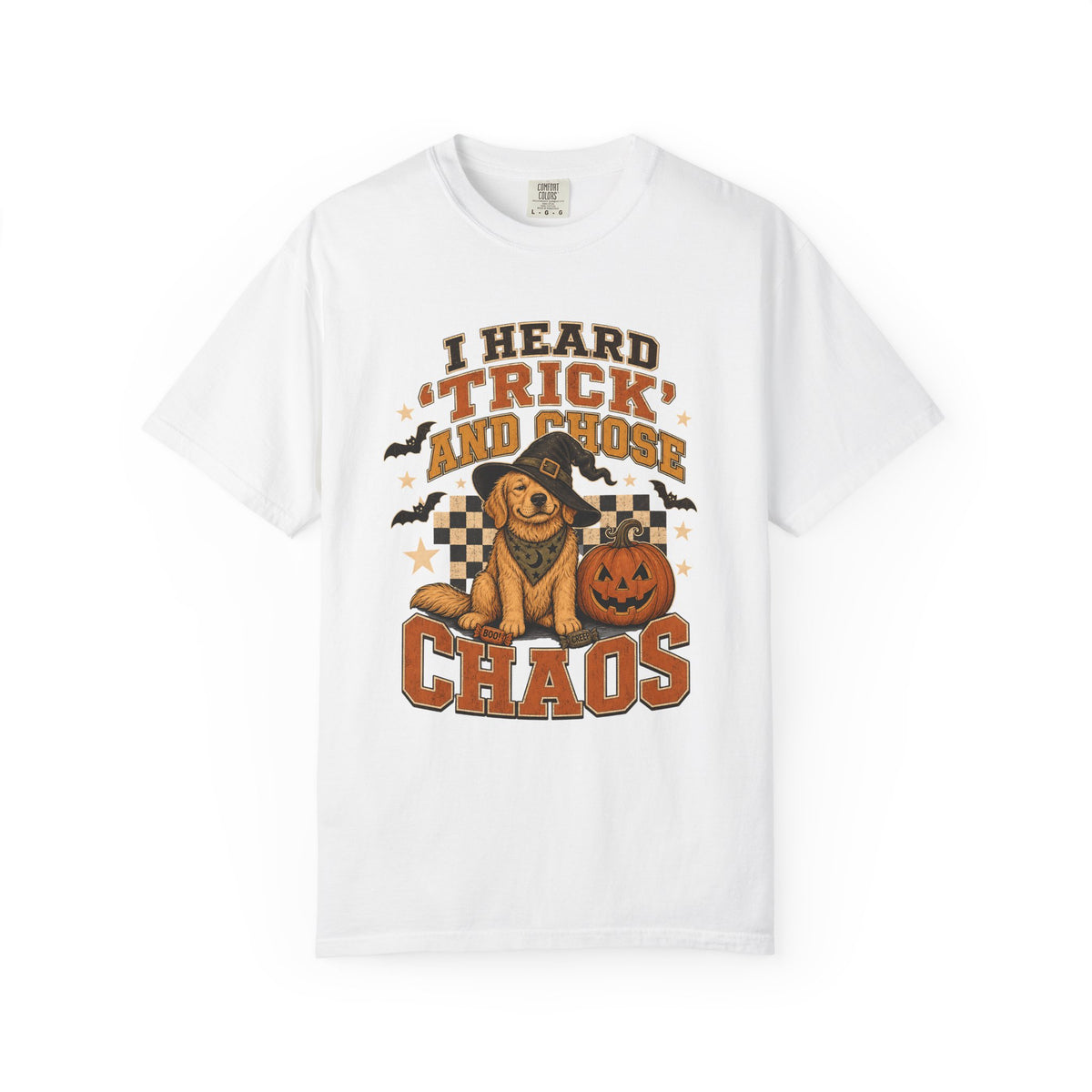 I Heard Trick and Chose Chaos Golden Retriever Halloween Shirt – Retro Witch Dog Comfort Colors Tee