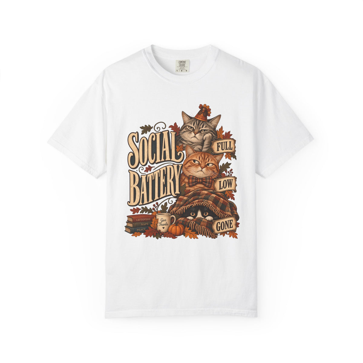 Social Battery Cat Shirt, Funny Introvert Thanksgiving Tee, Full Low Gone Cats Fall Shirt, Comfort Colors Cat Mom Gift