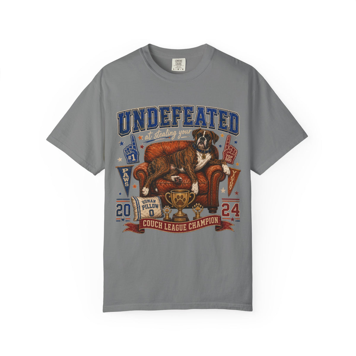 Undefeated Couch League Champion T-Shirt — Retro Dog & Trophy Graphic
