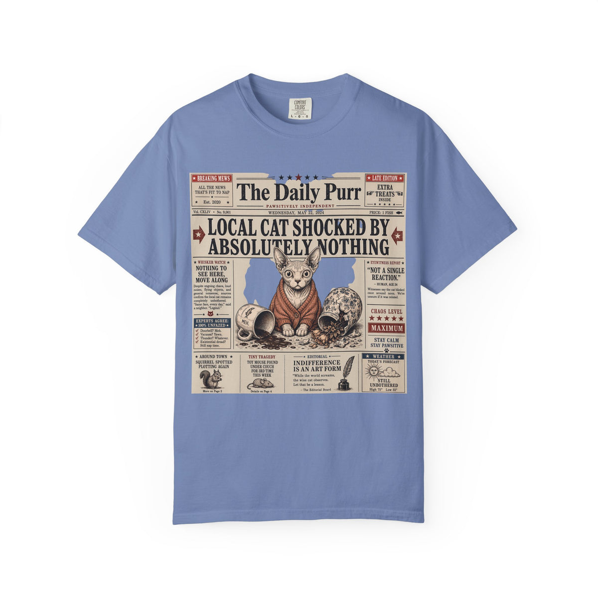 The Daily Purr Local Cat Shocked by Absolutely Nothing T-Shirt | Funny Sphynx Cat Newspaper Shirt | Comfort Colors Unisex Tee