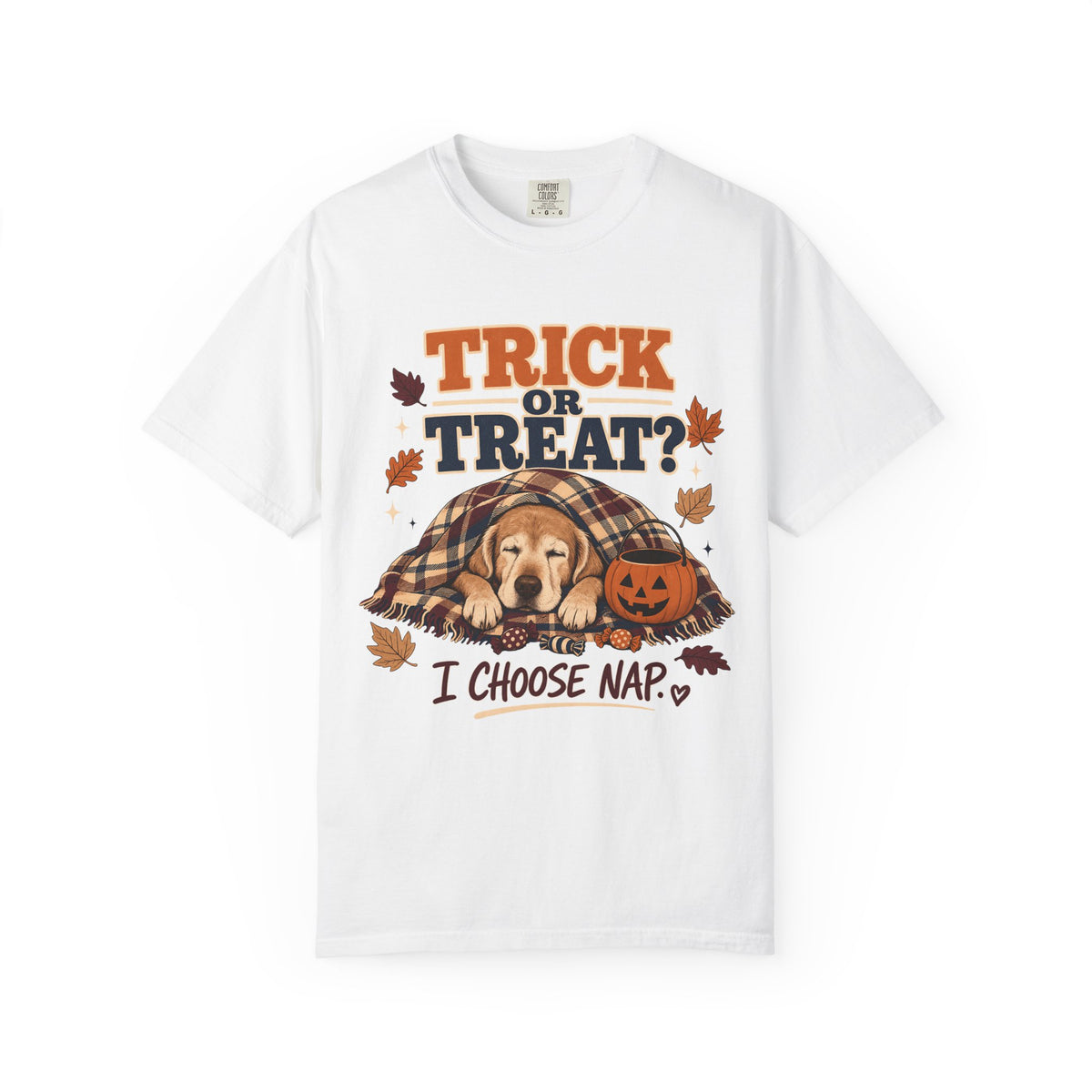 Trick Or Treat I Choose Nap Funny Sleepy Dog Halloween Shirt | Golden Retriever Puppy Cozy Plaid Blanket Tee | Funny Dog Mom Halloween Shirt