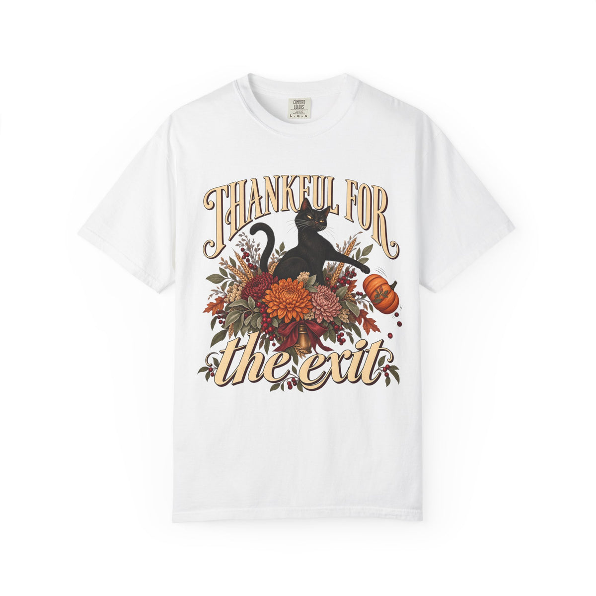 Thankful For The Exit Shirt, Funny Black Cat Thanksgiving Tee, Sarcastic Introvert Fall Floral Shirt, Comfort Colors Cat Mom Gift