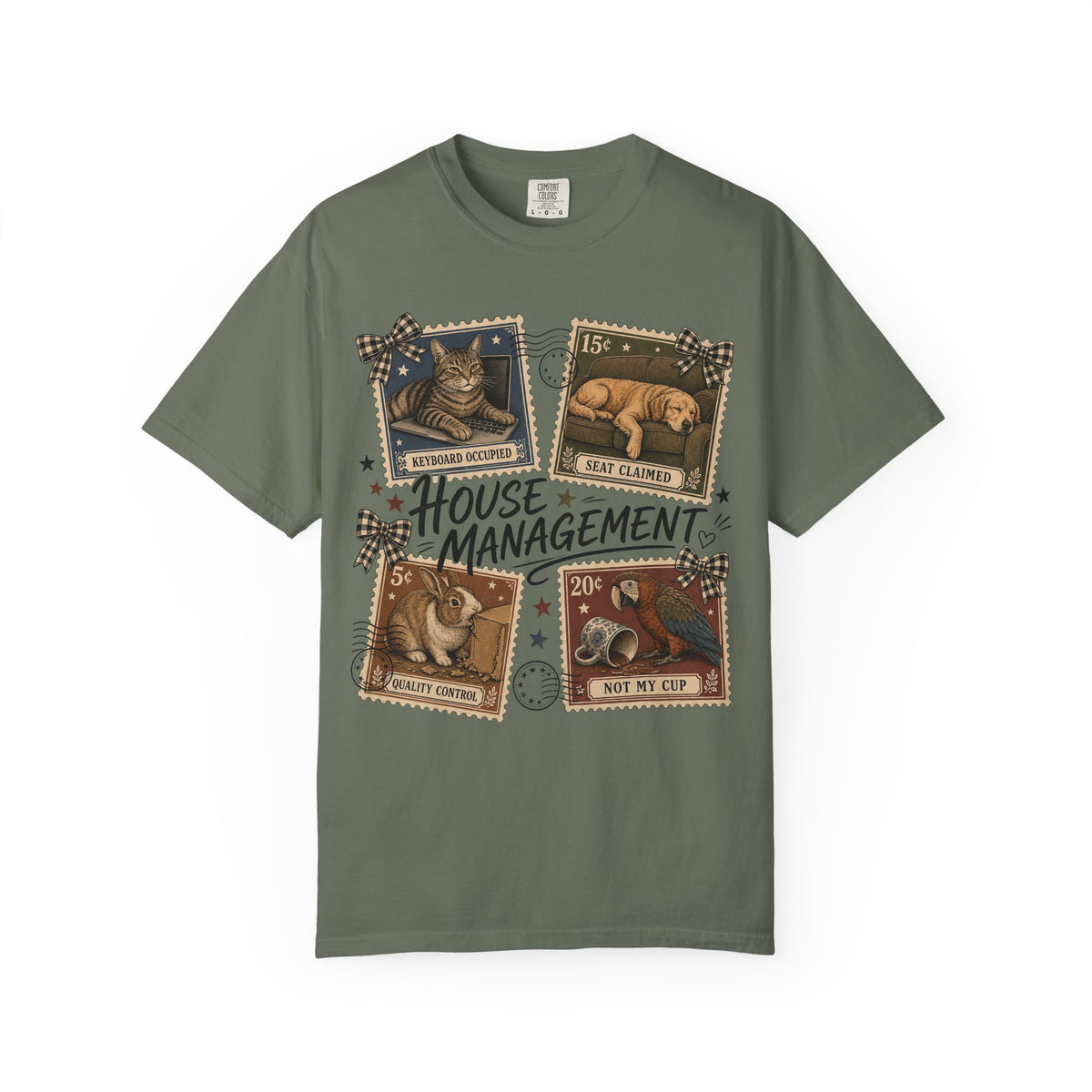 House Management Shirt, Funny Pet Tee, Vintage Stamp Cat Dog Bunny Parrot Shirt, Pet Mom Gift, Comfort Colors